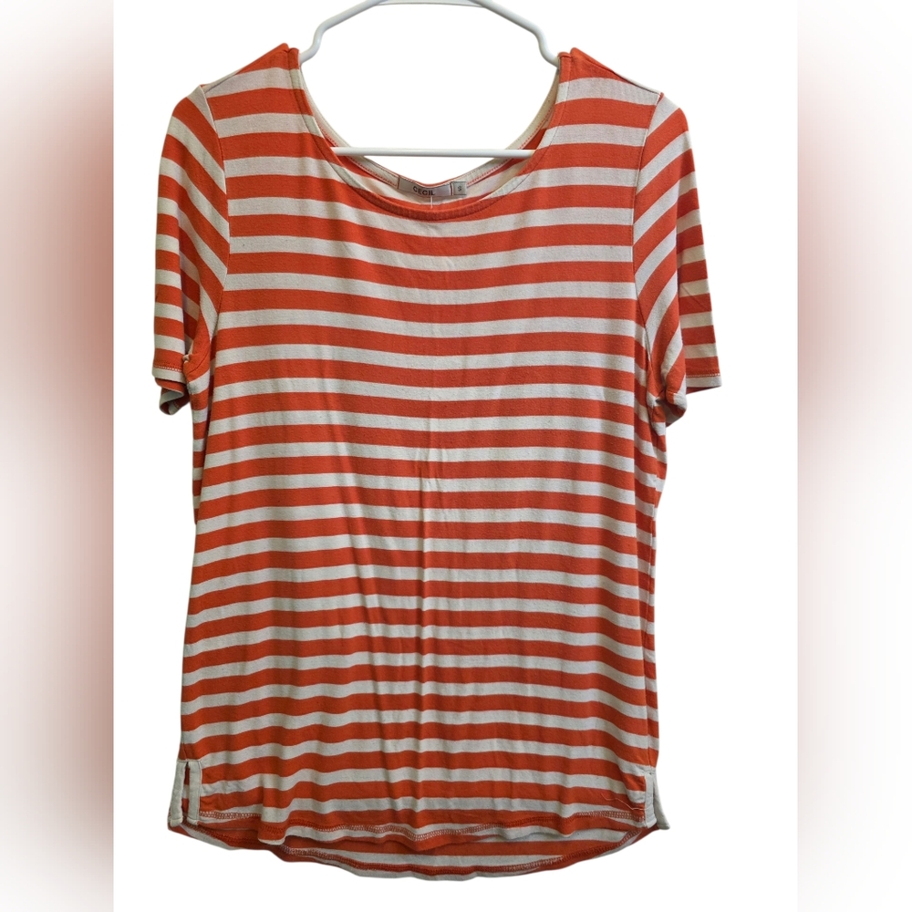 Cecil Orange & White Striped Short Sleeve T- Shirt Size S EUC